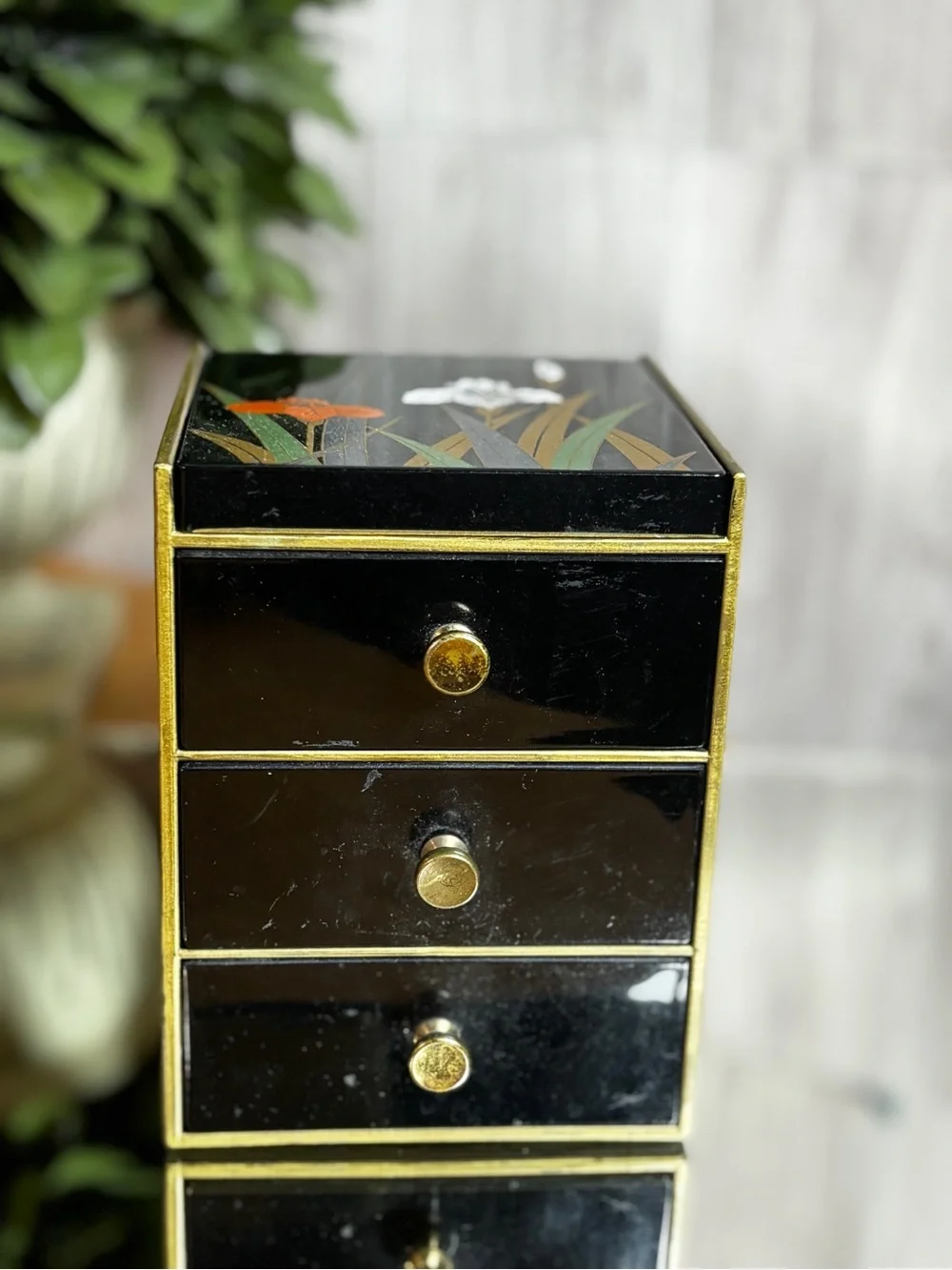 Otagiri Black Lacquer 3-Drawer Jewelry Chest with Floral Motif and Gold Trim